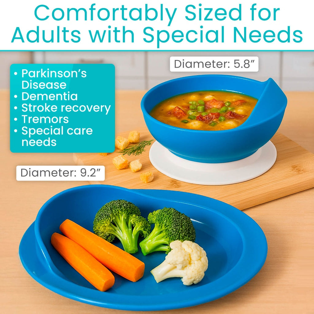 Blue bowl and plate with food on a wooden surface, featuring text about size and uses for adults with special needs.