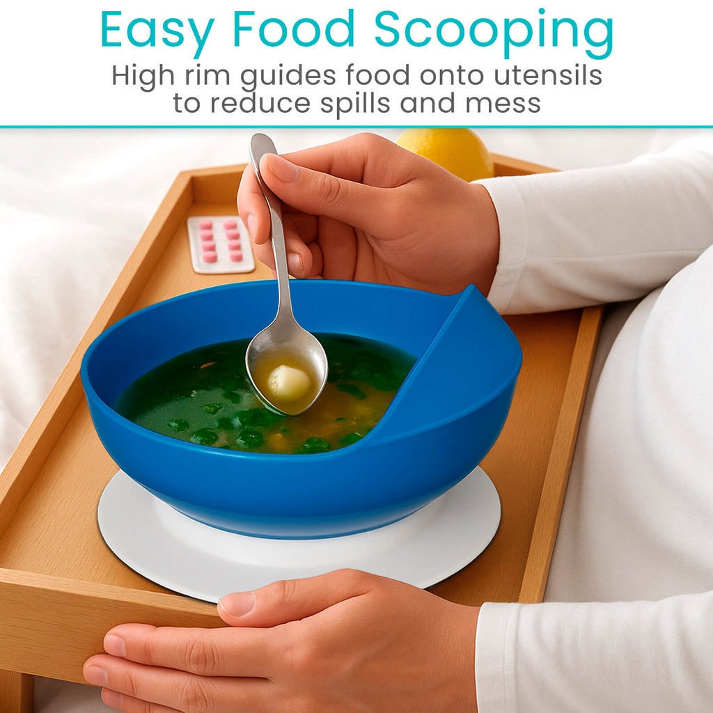 Blue bowl with a high rim being used to scoop food onto a spoon, with text about easy food scooping.
