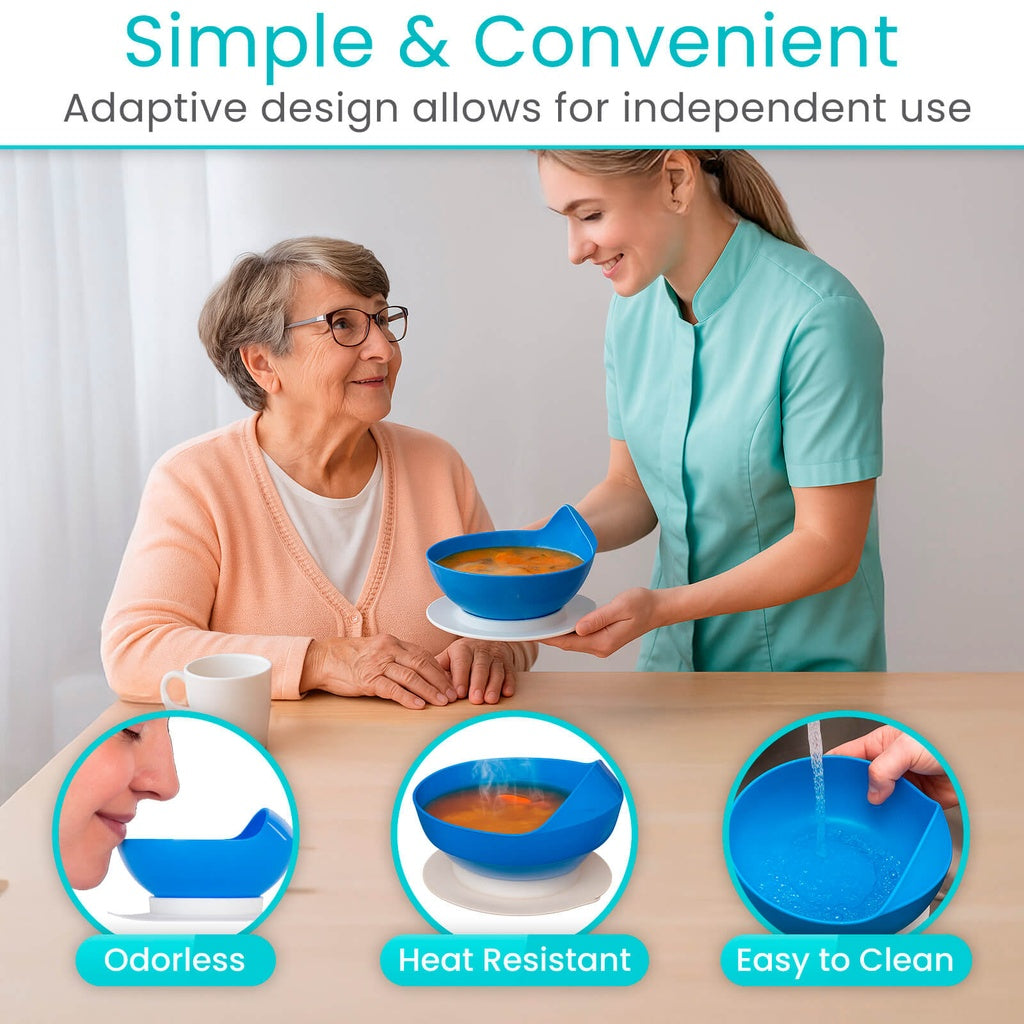 Woman assisting an elderly woman with a bowl of soup, highlighting features like odorlessness, heat resistance, and ease of cleaning.
