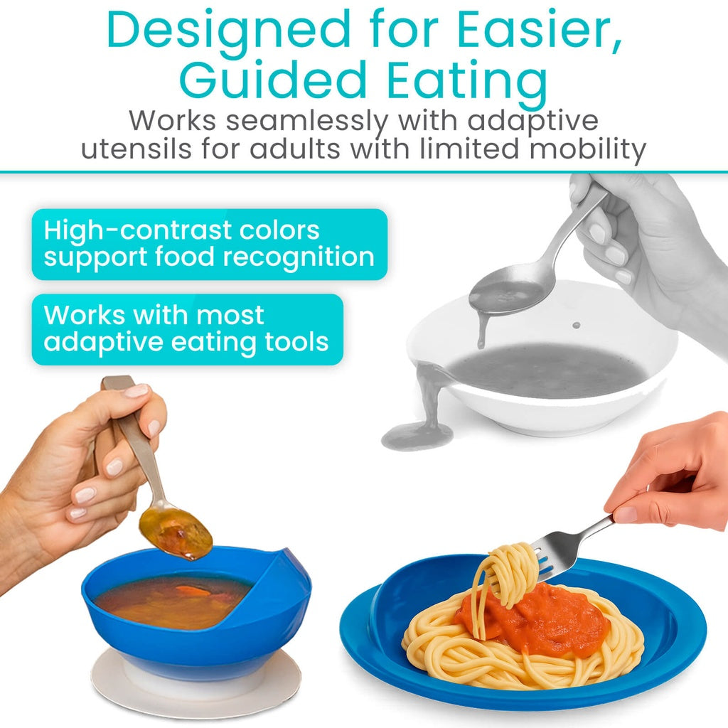 Product for easier, guided eating with adaptive utensils and high-contrast colors.
