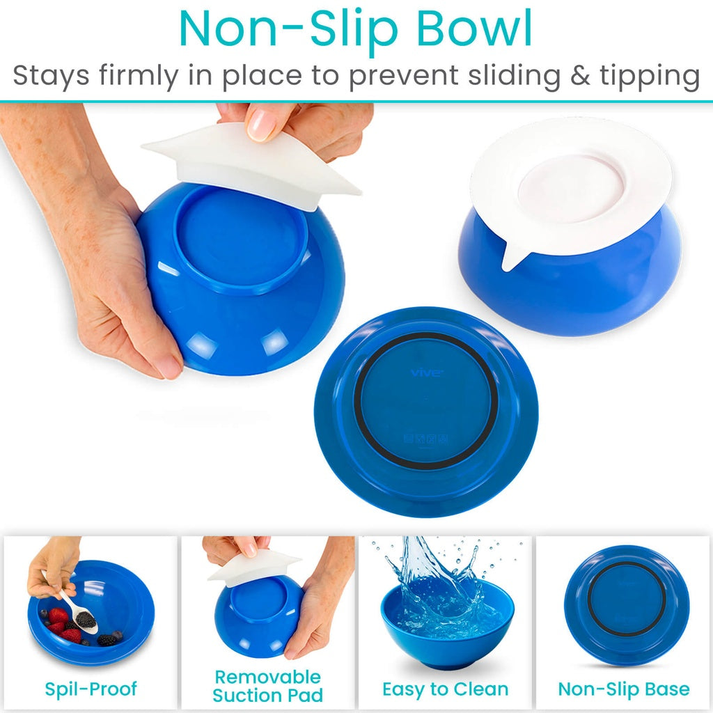 Blue non-slip bowl with features highlighted on a white background