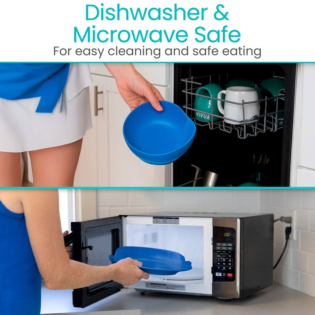 Person holding a blue lid over a dishwasher and microwave, with text indicating safety for cleaning and eating.