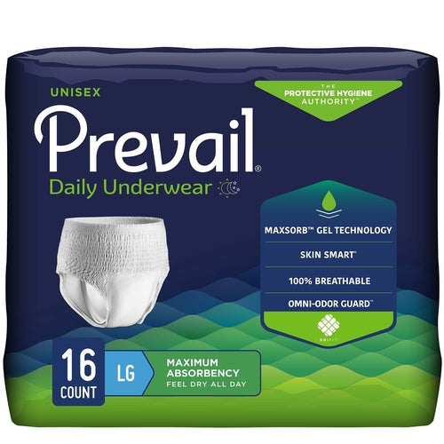 Package of Prevail daily underwear with product details on a blue and green background