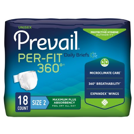 Package of Prevail Per-Fit 360 daily briefs with blue and green design.