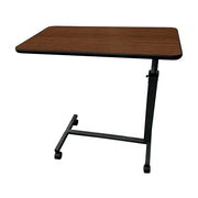 Wooden top adjustable table with black metal frame on a white background