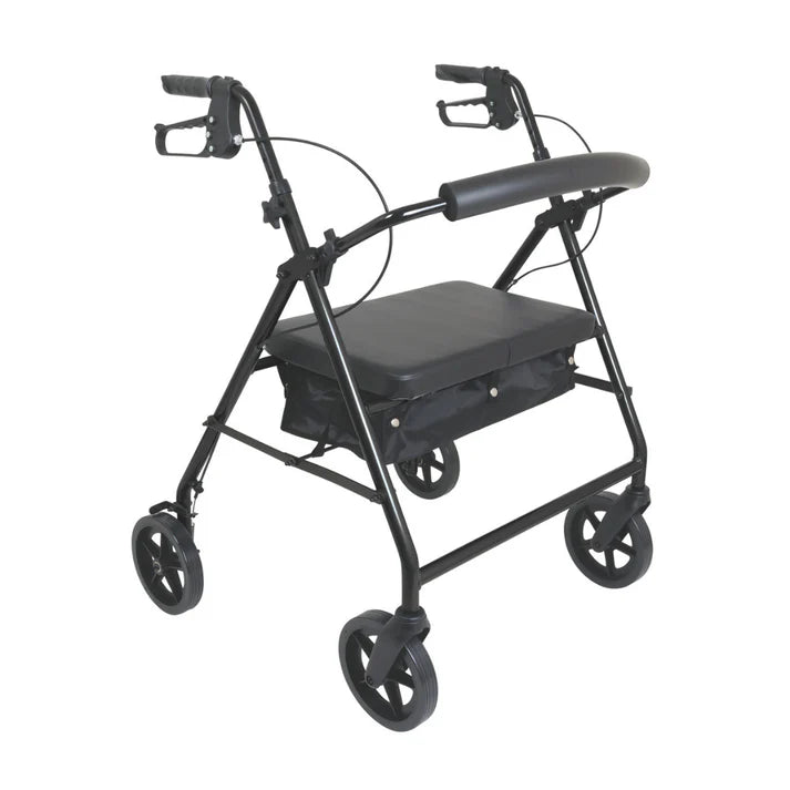 Black rollator with four wheels on a white background
