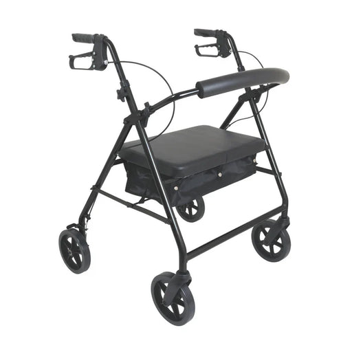 Black rollator with four wheels on a white background