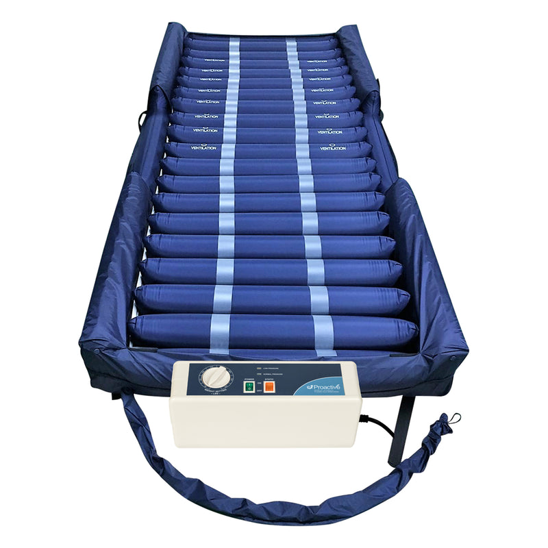Blue air mattress with control panel on a white background