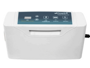 White electronic device with a blue display on a white background