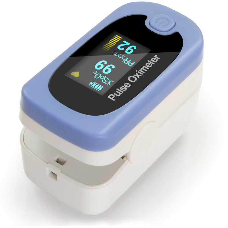 Pulse oximeter with blue and white design on a white background