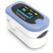 Finger pulse oximeter with digital display on a white background