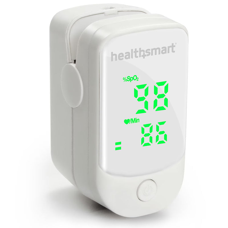 Healthsmart pulse oximeter with digital display on a white background