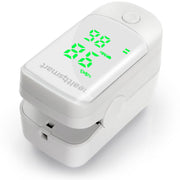 Finger pulse oximeter with green digital display on a white background