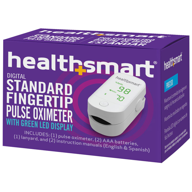 Healthsmart digital fingertip pulse oximeter packaging on a white background