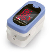 Finger pulse oximeter with blue top and white base on a white background