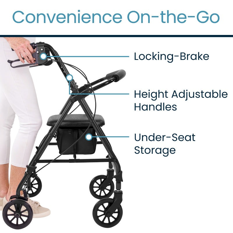 Vive Foldable Steel Rollator side view under seat storage