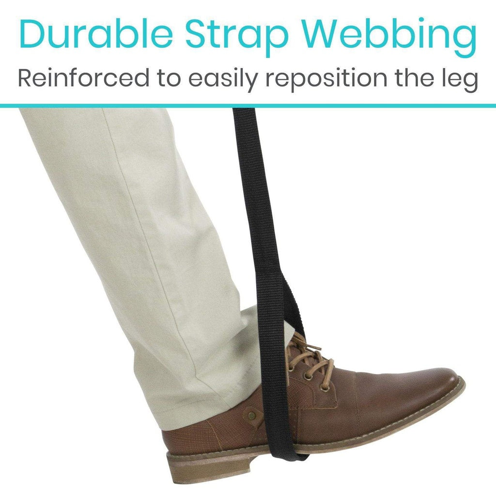 Person wearing a black leg strap with text about durable strap webbing on a white background