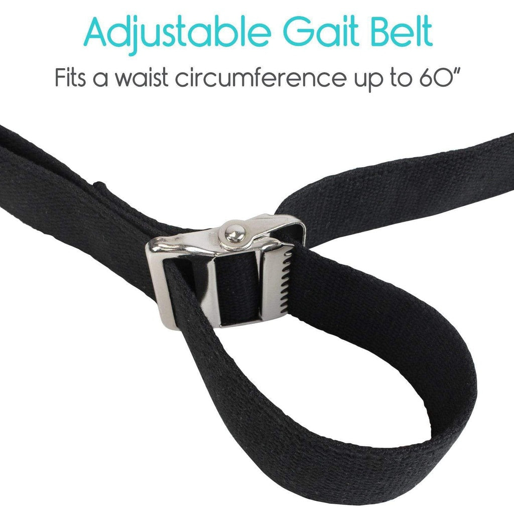 Black adjustable gait belt with a silver buckle on a white background