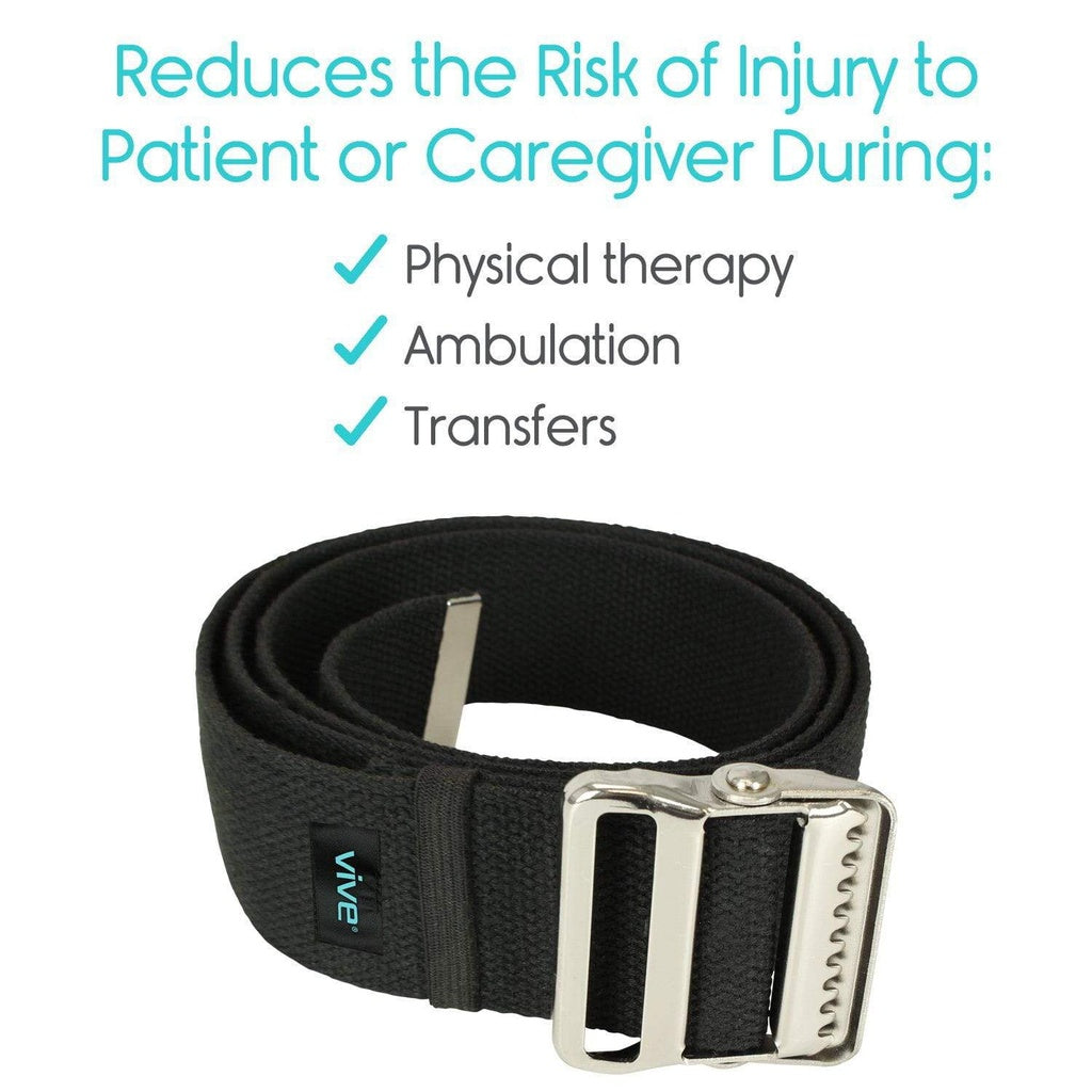 Black belt with silver buckle on a white background, featuring text about its uses in physical therapy, ambulation, and transfers.