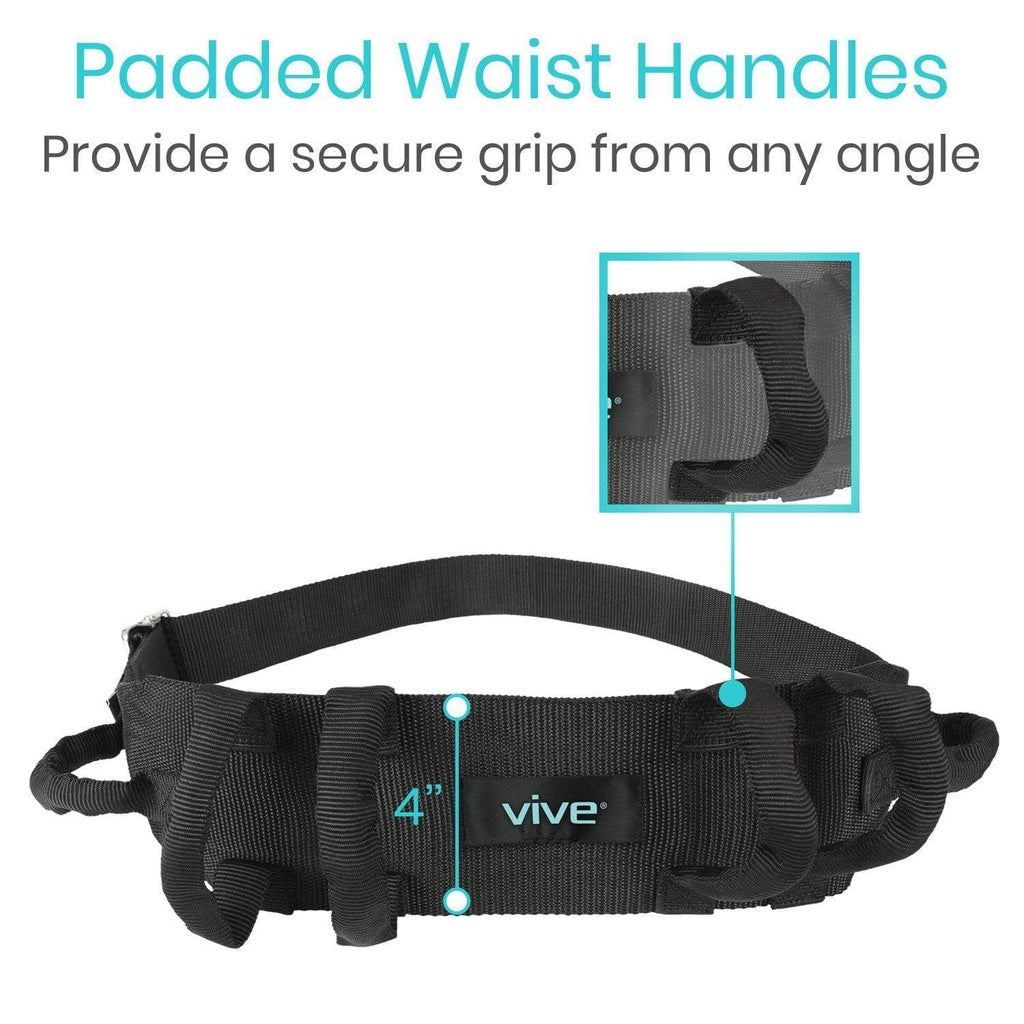 Black waist belt with padded waist handles and 'Vive' branding on a white background.