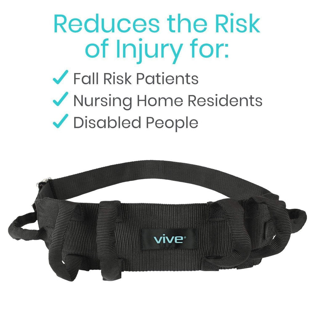 Black safety belt with 'vive' branding on a white background, highlighting its benefits for fall risk patients, nursing home residents, and disabled people.