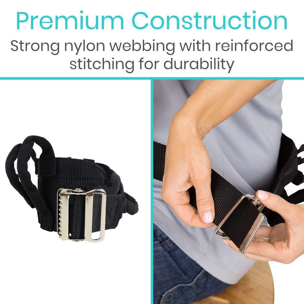 Black belt with metal buckle and text about premium construction and durability.