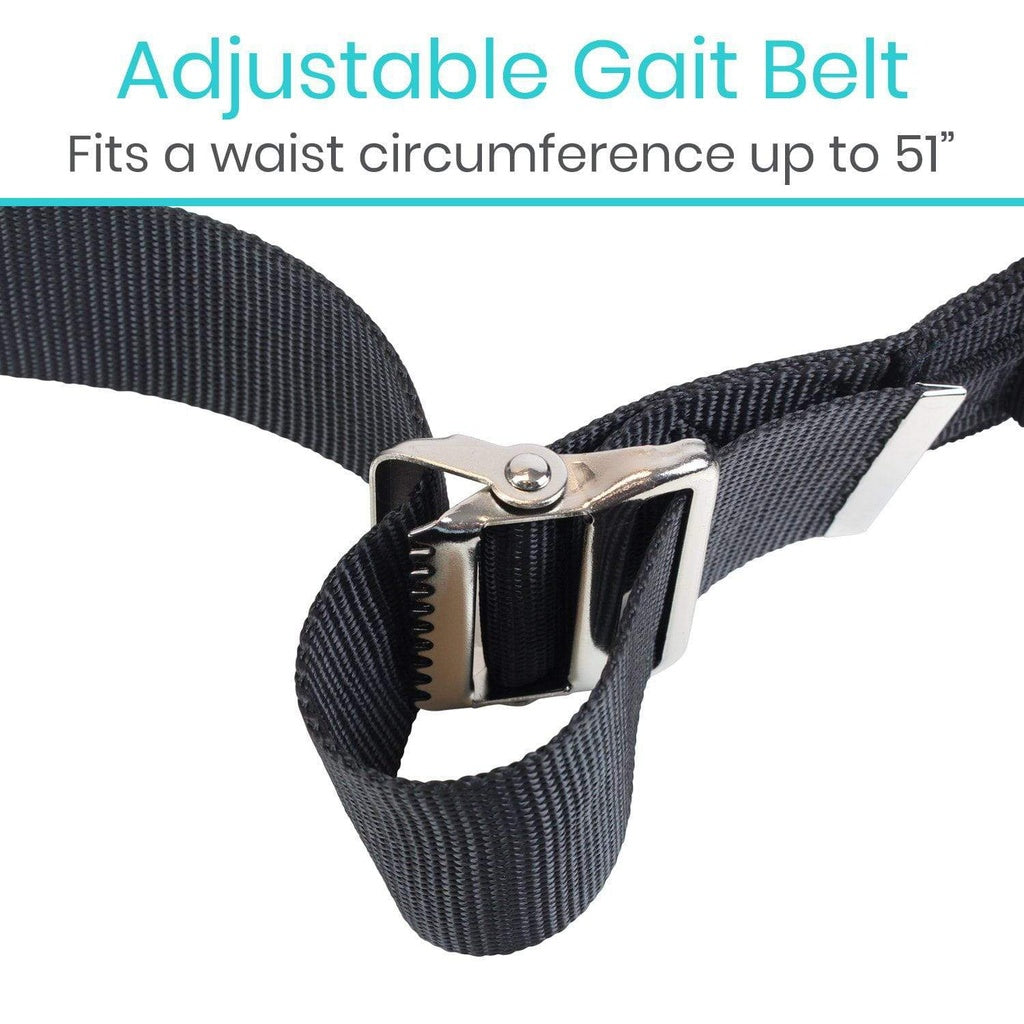 Black adjustable gait belt with silver buckle on a white background