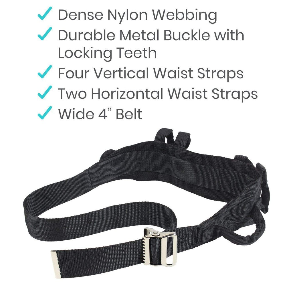 Black belt with metal buckle and waist straps on a white background, featuring text about belt features.