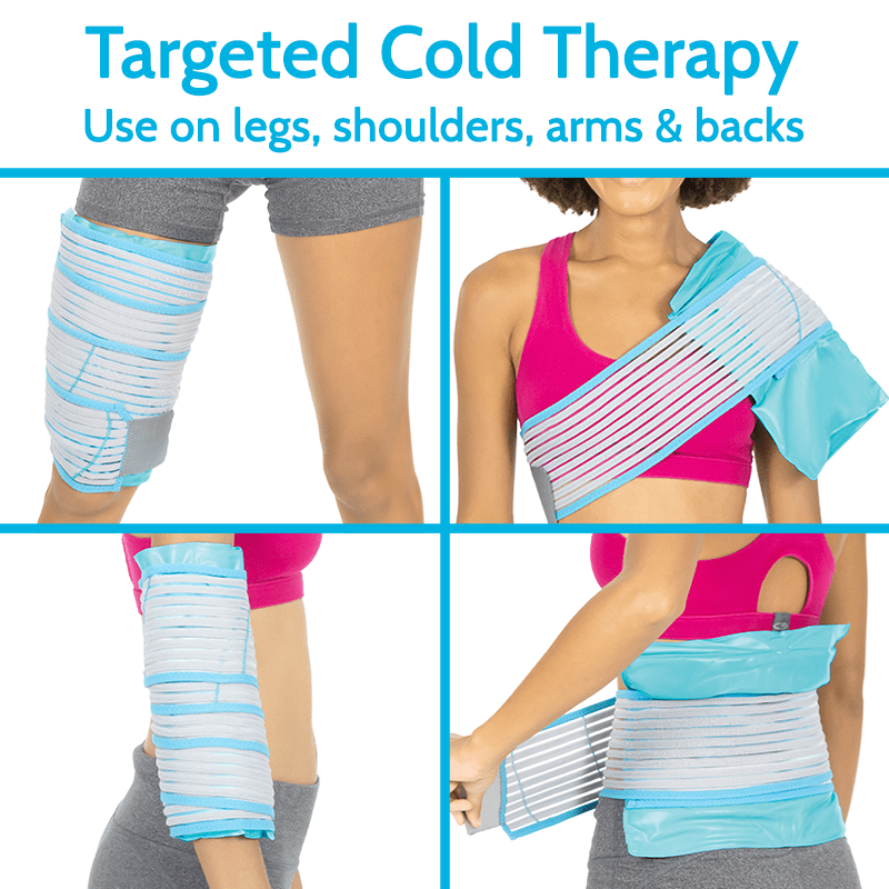 Cold therapy wrap being used on legs, shoulders, arms, and back with text indicating its use.
