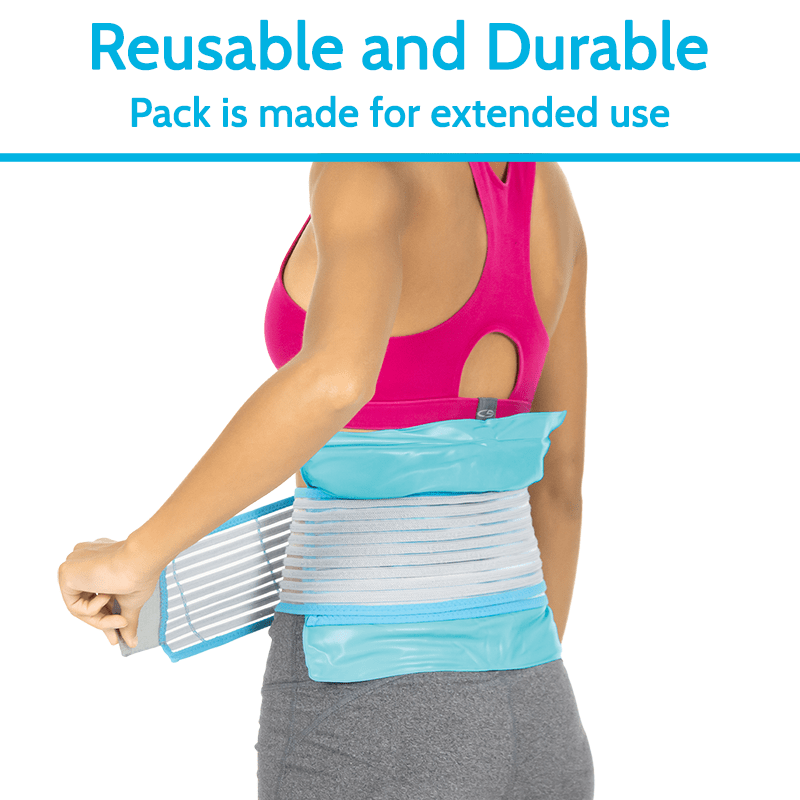 Person wearing a reusable and durable pack with text on a white background