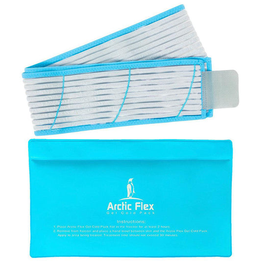 Arctic Flex gel ice pack with blue cover on a white background
