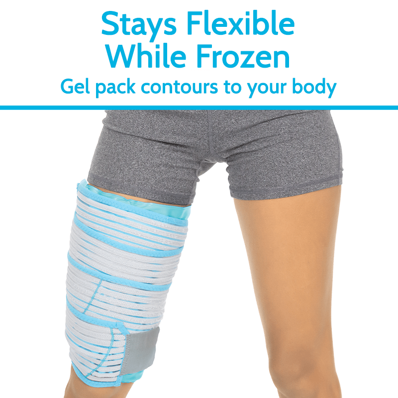 Person wearing a gray compression garment with a blue gel pack on a white background