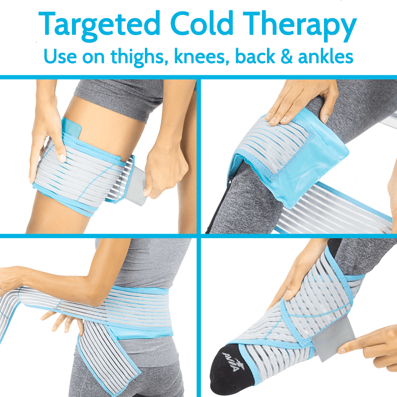 Cold therapy wrap being used on various parts of the body with text indicating targeted use on thighs, knees, back, and ankles.