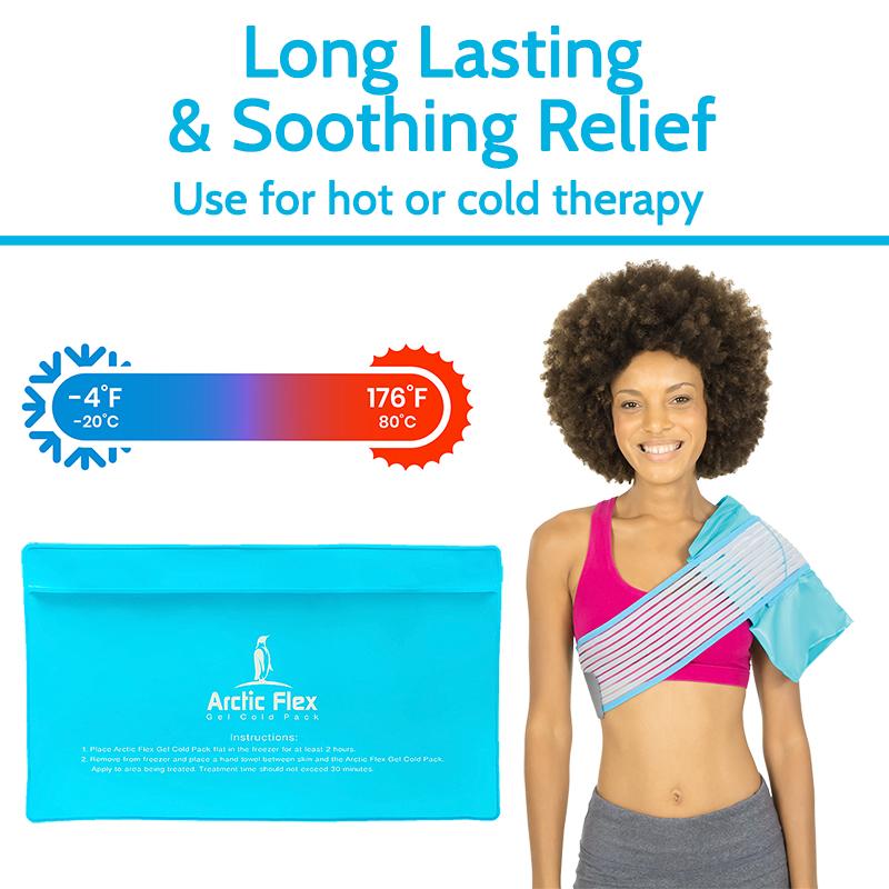 Arctic Flex product with a woman using it for hot or cold therapy, featuring temperature range and Arctic Flex logo.