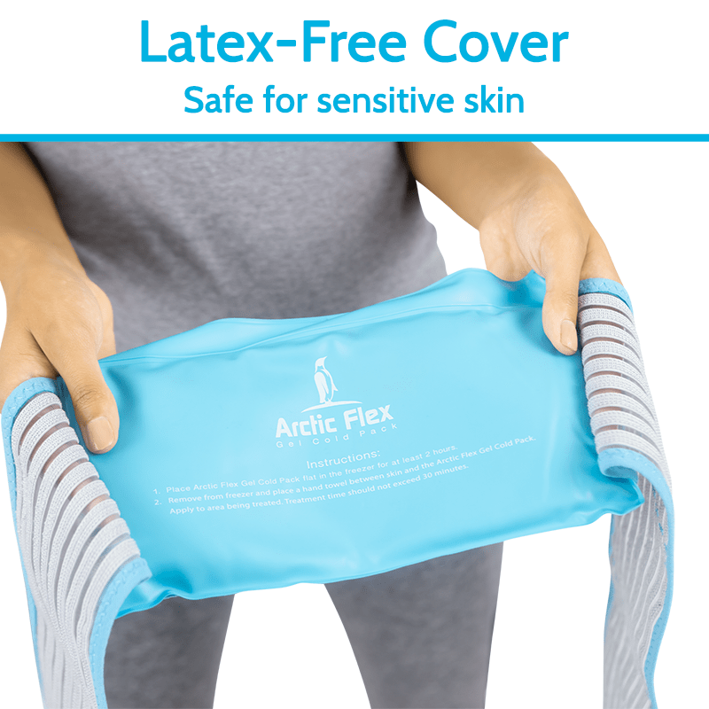 Person holding a blue ice pack with 'Acutec Flex' branding, labeled as latex-free and safe for sensitive skin.