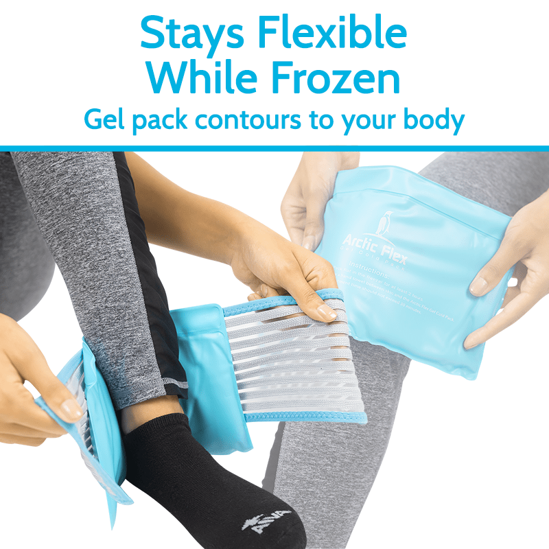 Person using a blue gel pack to contour to their body with text 'Stays Flexible While Frozen'.