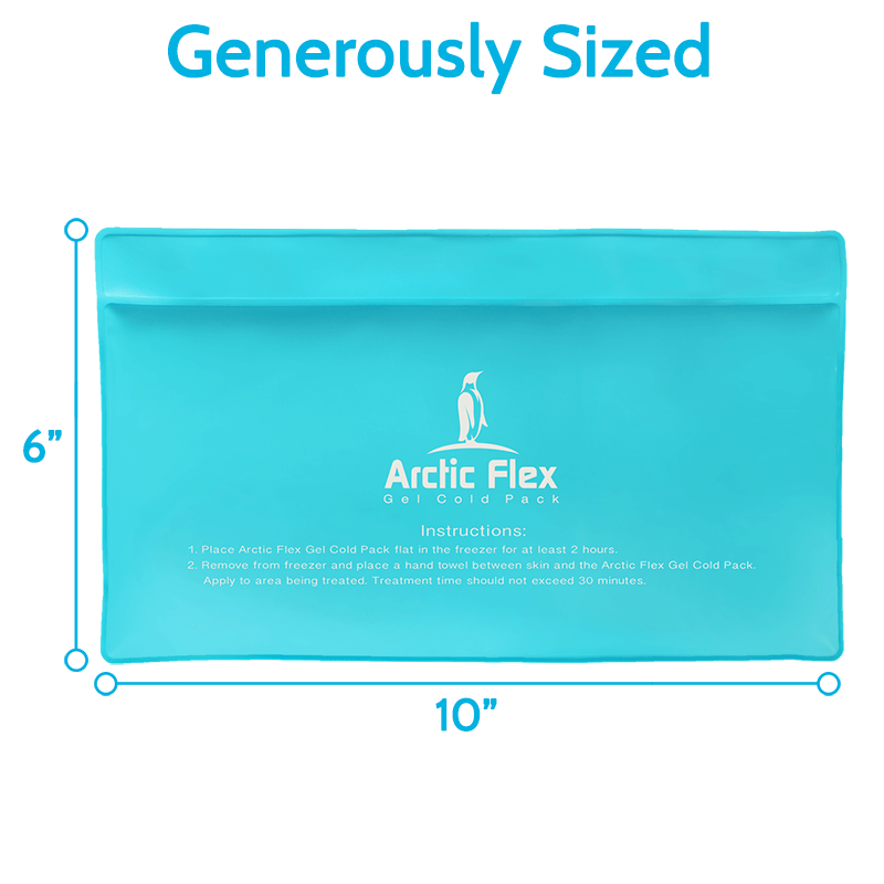 Turquoise Arctic Flex gel cold pack with dimensions and branding on a white background