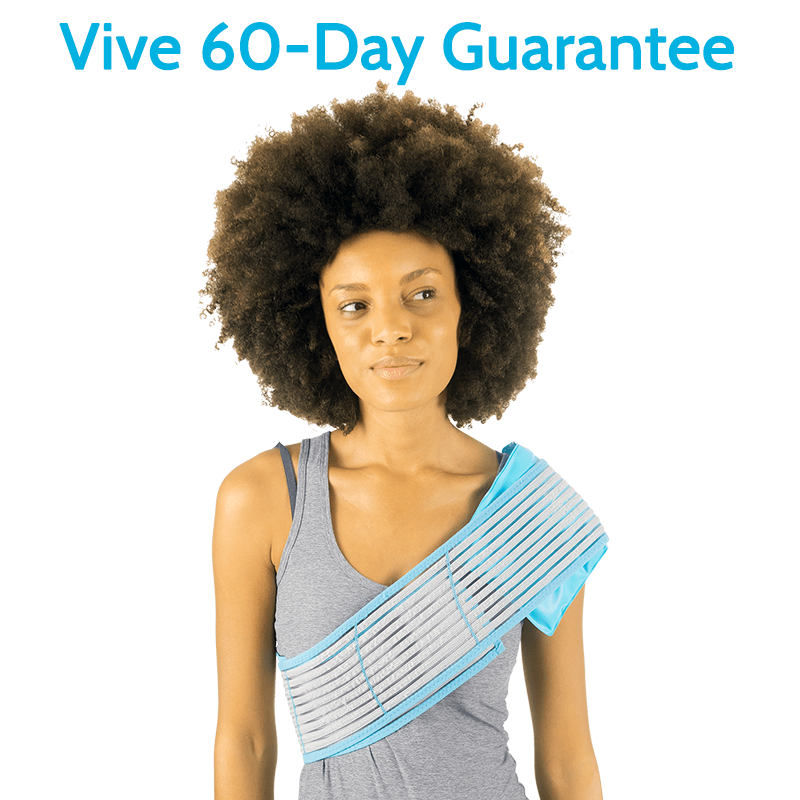 Woman wearing a shoulder wrap with 'Vive 60-Day Guarantee' text above her head.