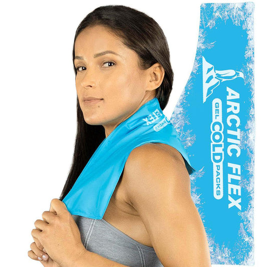 Woman wearing a blue Arctic Flex cold pack on her shoulder with product packaging in the background.