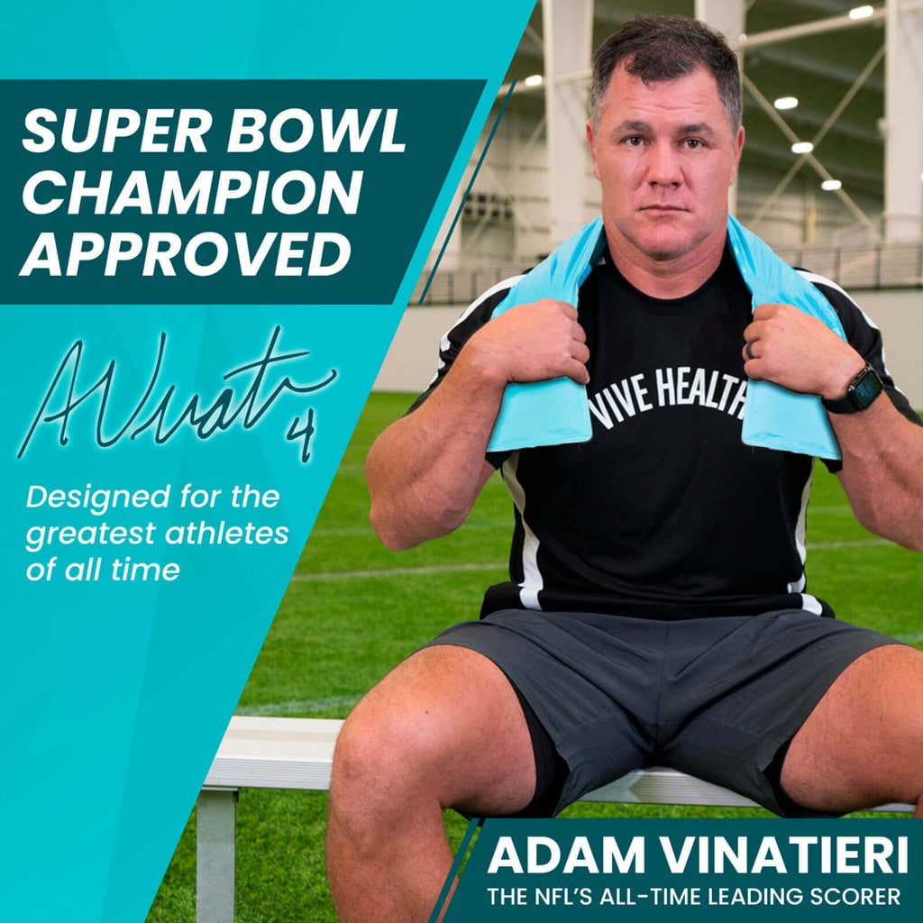 Man sitting on a bench with a towel over his shoulder, with promotional text about Super Bowl champion approval and Adam Vinatieri.