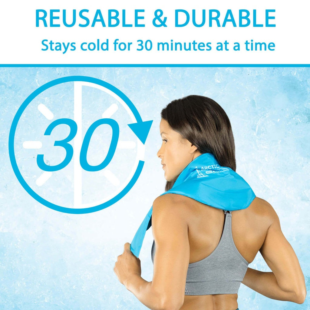 Person wearing a blue cooling pad on their shoulder with text about durability and cooling duration.