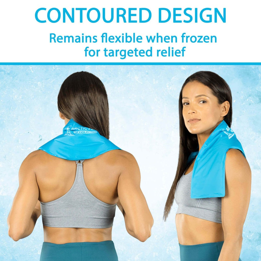 Two women wearing blue cooling towels on a light blue background with text about the product's features.