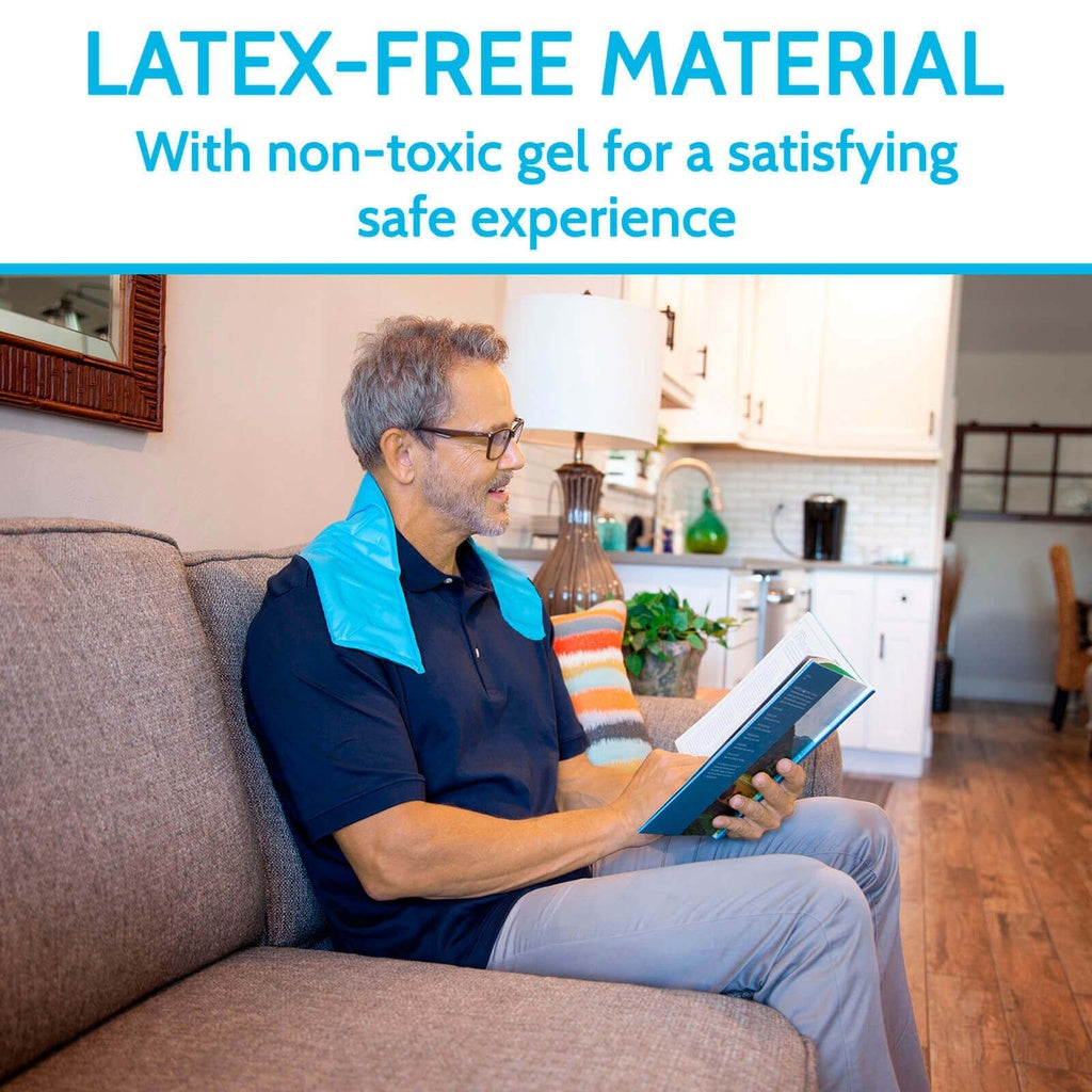 Man sitting on a couch reading a book with text about latex-free material and non-toxic gel.