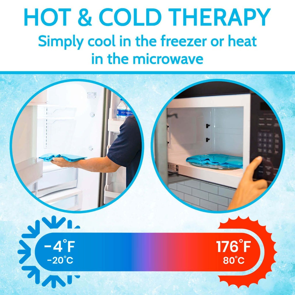 Product packaging with text on hot and cold therapy, showing usage in freezer and microwave.