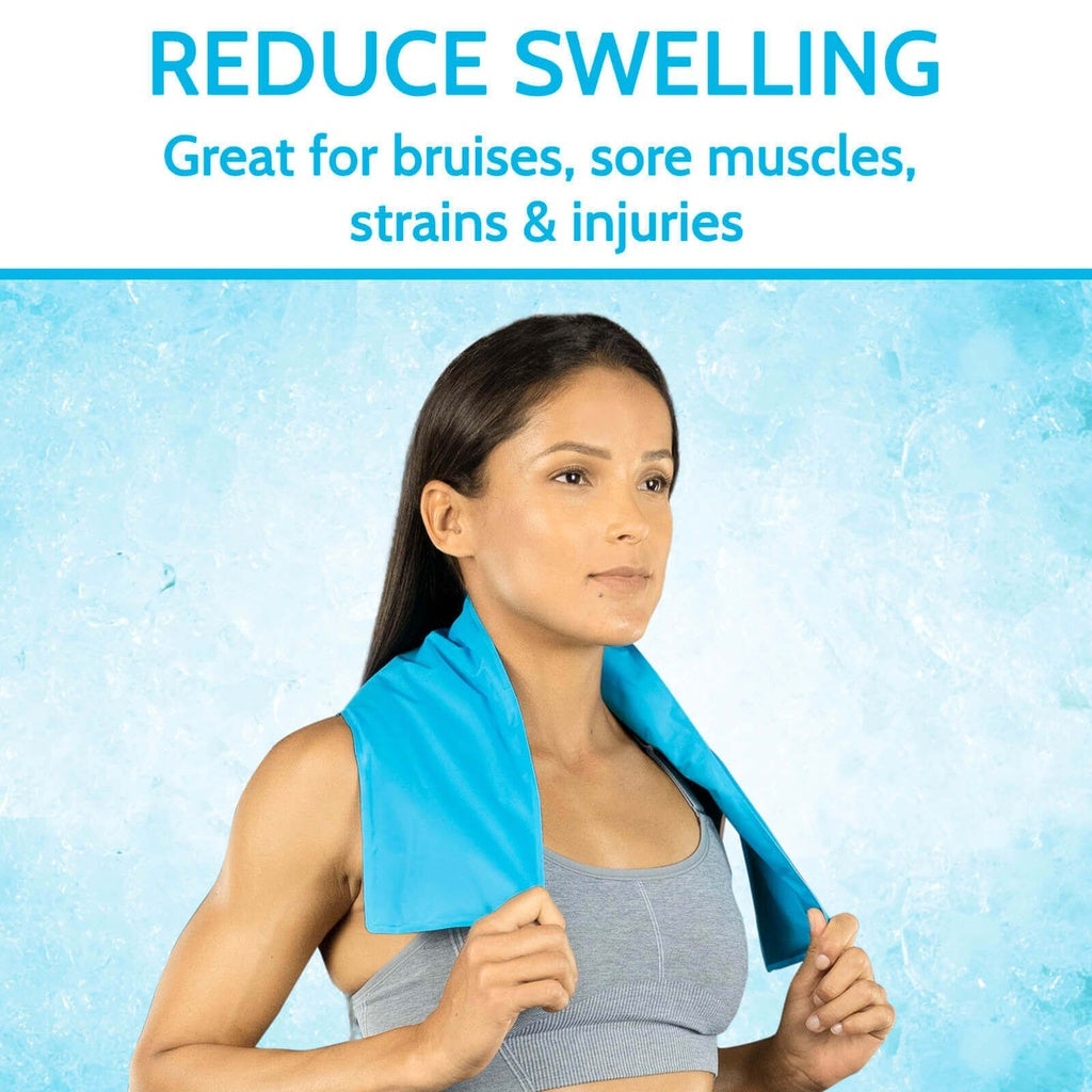 Woman using a blue towel on her shoulder with text about reducing swelling.