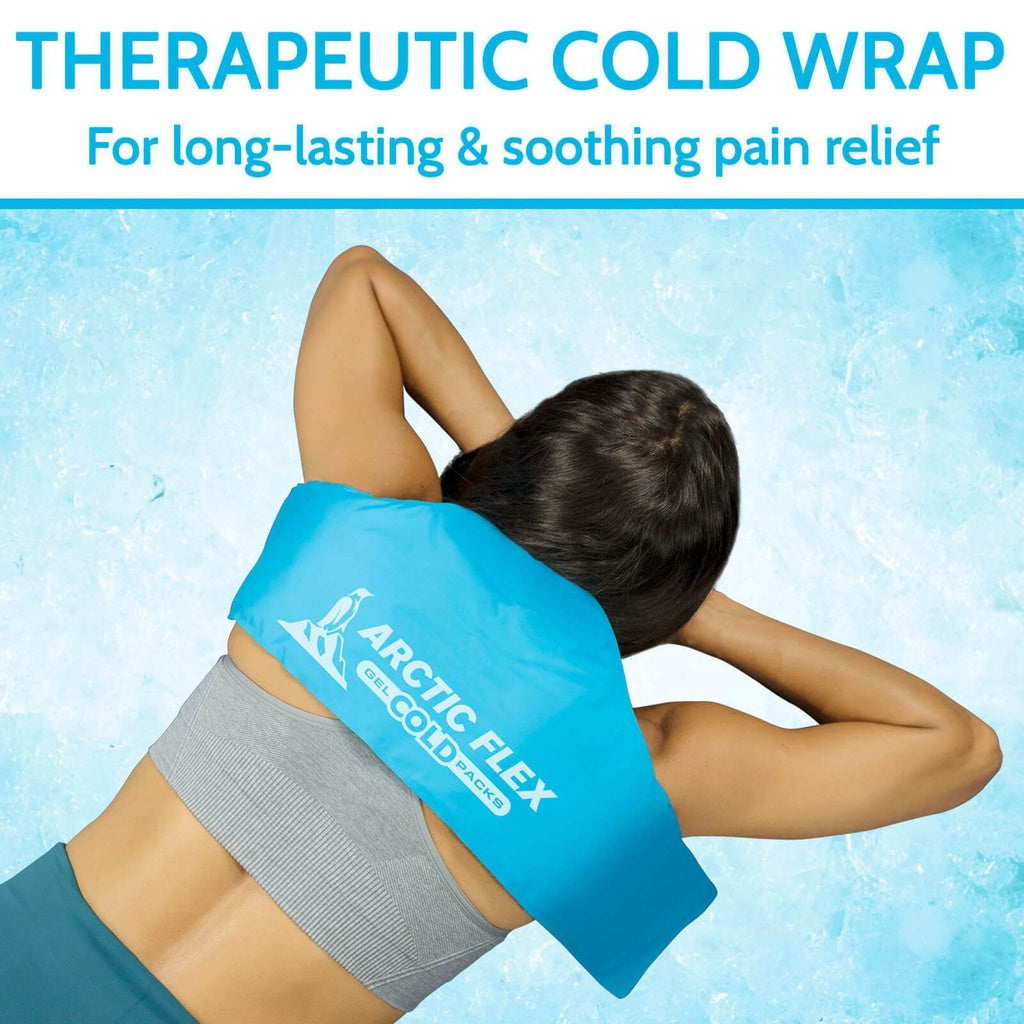Person using a blue Arctic Flex cold wrap on their shoulder with a blue background