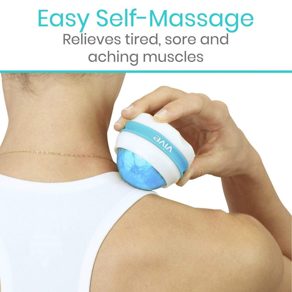Hand using a handheld massager on shoulder with text 'Easy Self-Massage Relieves tired, sore and aching muscles' above.