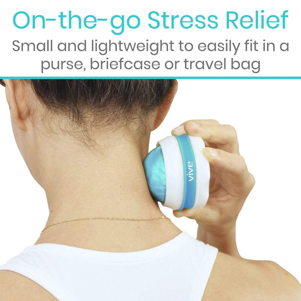 Person using a handheld device labeled 'VIVE' on their neck with text about stress relief and portability.