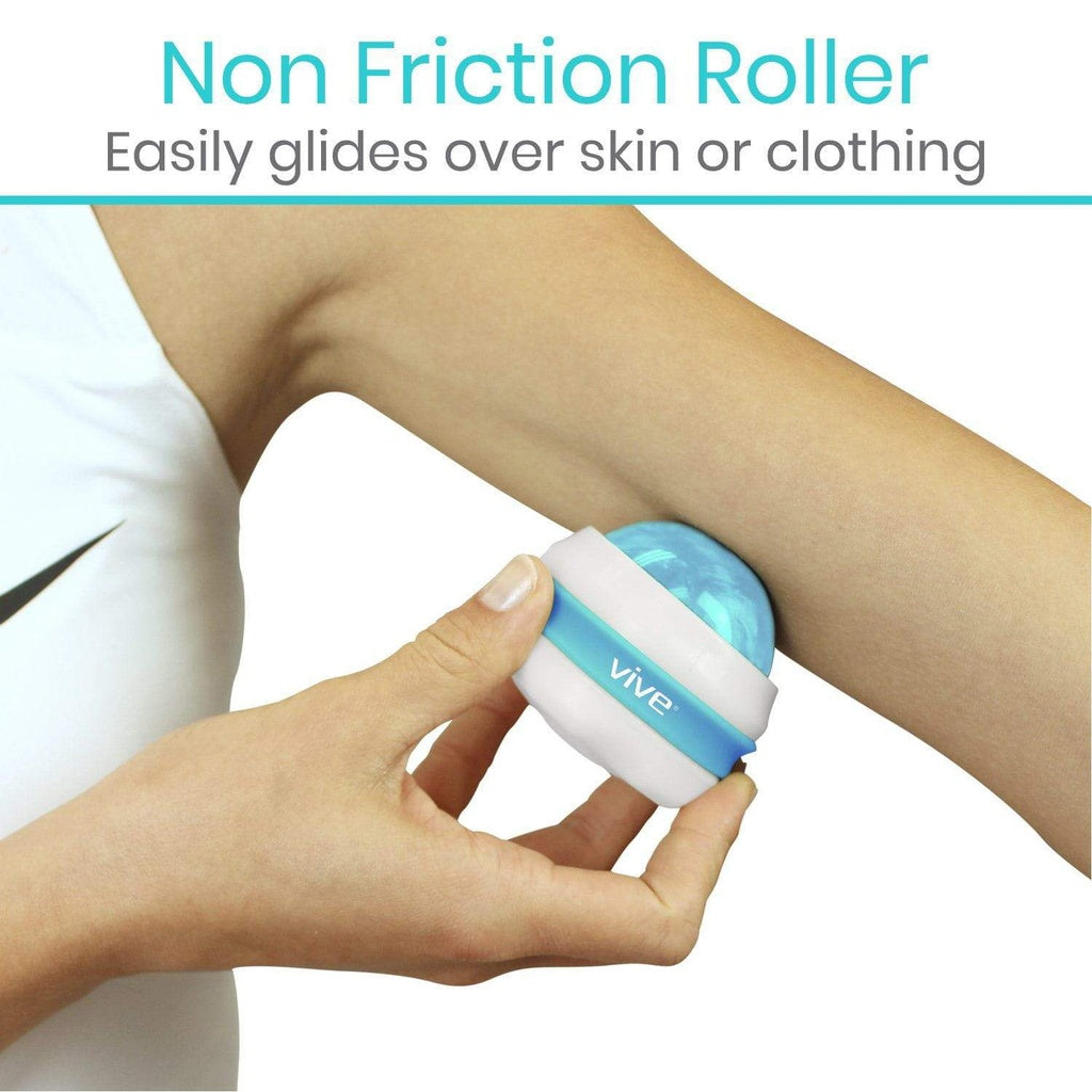 Vive non-friction roller being used on a person's arm with text indicating it glides over skin or clothing.