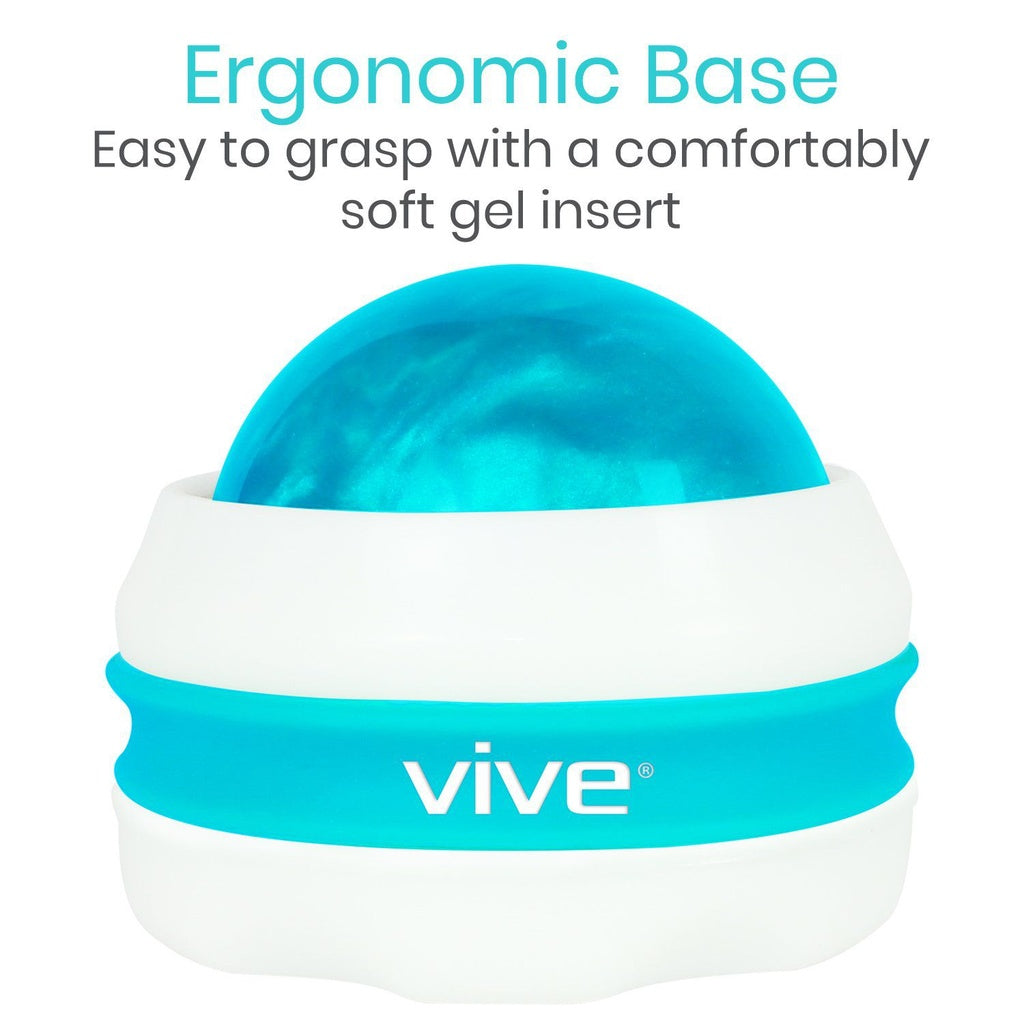 Blue and white Vive roller ball with text about ergonomic base and soft gel insert on a white background